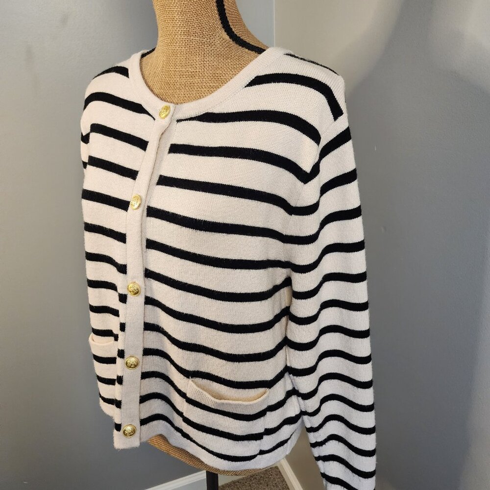 LILLUSORY Striped Cardigan Sweater Lady Jacket Gold Buttons Black & Cream Size L - Picture 5 of 13